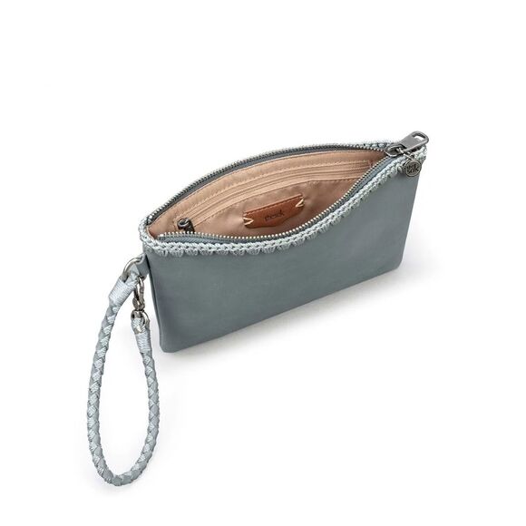 NWT The Sak Womens Leather Top Crochet Trim Zip Vita Wristlet Dusty Blue OS - Picture 2 of 10